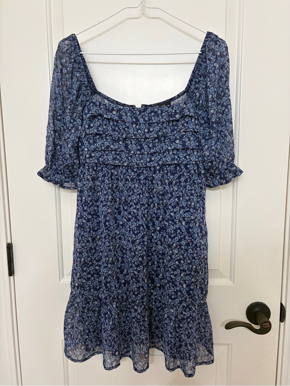 Dillards: Blue Floral Mini Dress with Puff Sleeves